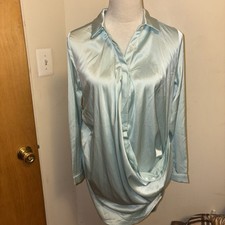 Fashion Nova Women’s Satin Mini Shirt Dress Long Sleeve Collared Front ButtonsXS