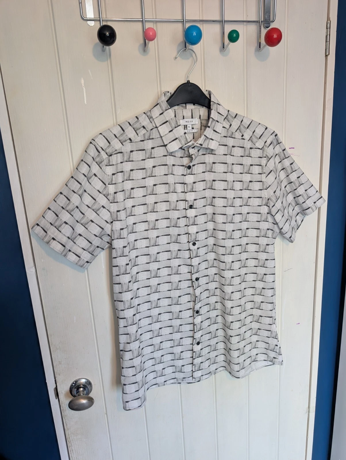 REISS Mens TUNBRIDGE Size XL Slim S/S Shirt Cotton Linen Mix VGC