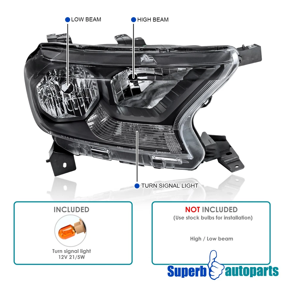 Fits 2019-2022 Ford Ranger Headlight Halogen Black 19-21 Ranger XL XLT Head Lamp Foto 3 de 4