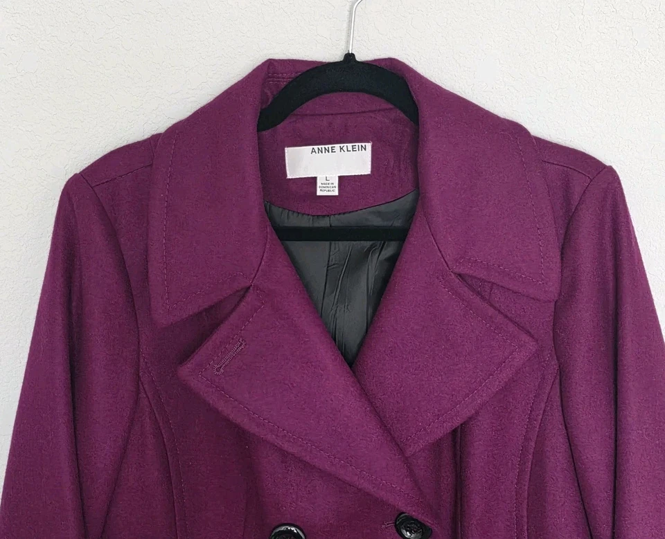 Abrigo grande para mujer Anne Klein mezcla de lana borgoña plomada abrigo de doble botonadura Foto 3 de 4