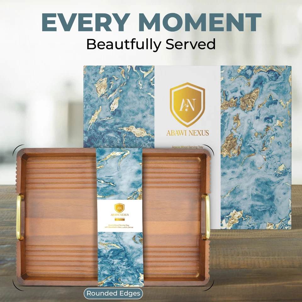 Acacia Wood Serving Tray with Metal Handles – 17x12in Rustic Decorative Ottoman  - Image 3 of 4