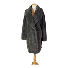 Donna Karan US L Grey Faux Fur Coat Thick Heavy
