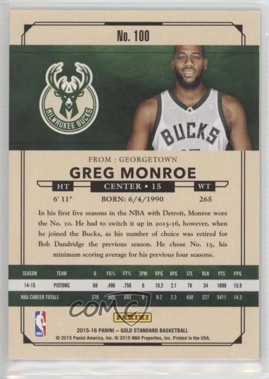 2015-16 Panini Gold Standard Black /15 Greg Monroe #100 - Image 2 of 2