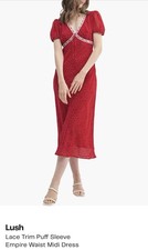 Lush Red Polka Dot Lace Trim Puff Sleeve Empire Waist Midi Dress
