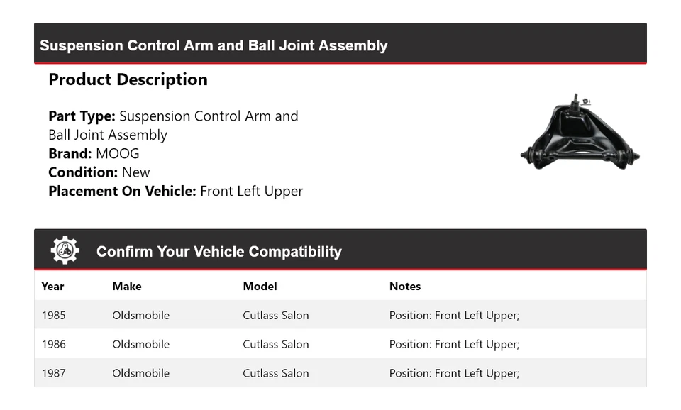 Brazo de control delantero izquierdo superior MOOG 1985-1987 Oldsmobile Cutlass Salon Foto 2 de 4