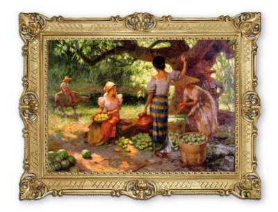 Wandbild Wunderschönes Antik 90x70cm By. F. Amorsolo- Unter dem Mangobaum Repro - Bild 1 von 3