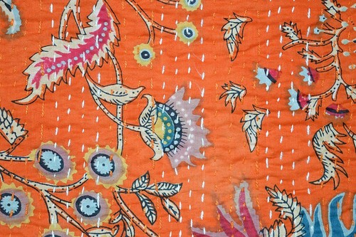 Indian Cotton Block Print Kantha Quilt Handmade Bedspread Blanket Queen Size - Picture 4 of 4