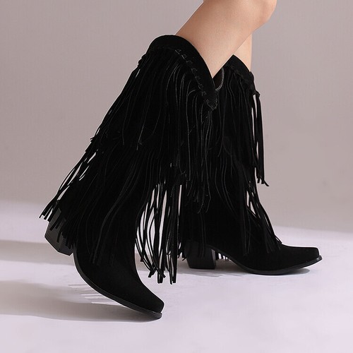 Womens Knee High Boots Mid Chunky Block Heels Tassels Western Riding Boot Autumn - Imagen 5 de 29