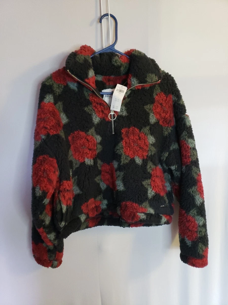 NWT HOLLISTER Floral Rose Teddy Jacket Fuzzy 1 2 Zip Long sleeve Cinch Waist XS