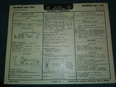 1962 RAMBLER V-8 MODELS A.E.A TUNE-UP CHART / AMBASSADOR MODELS / USEFUL ITEM