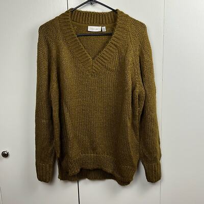 RD Style V Neck Sweater Light Brown Long Sleeve Pullover Acrylic Small