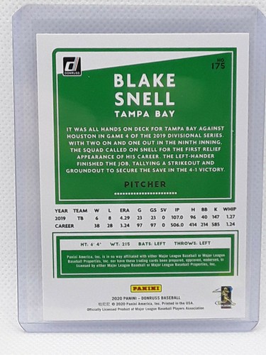 Blake Snell 2020 Donruss Baseball #175 Tampa Bay Rays - Picture 2 of 2