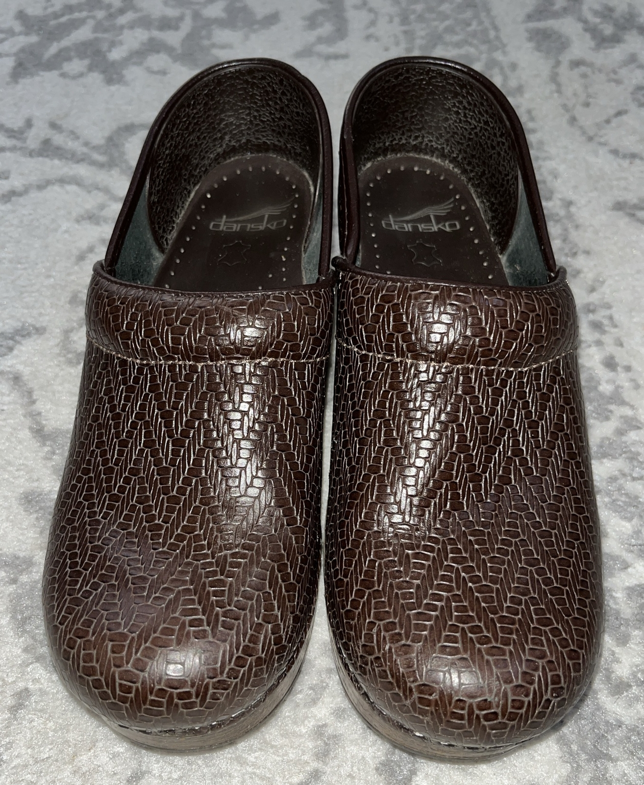 Dansko Women's Size 38 Brown Leather Woven Clogs-image