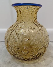 Blenko 9431 Topaz / Cobalt Hank Adams Textured Amber Textured Starburst Vase