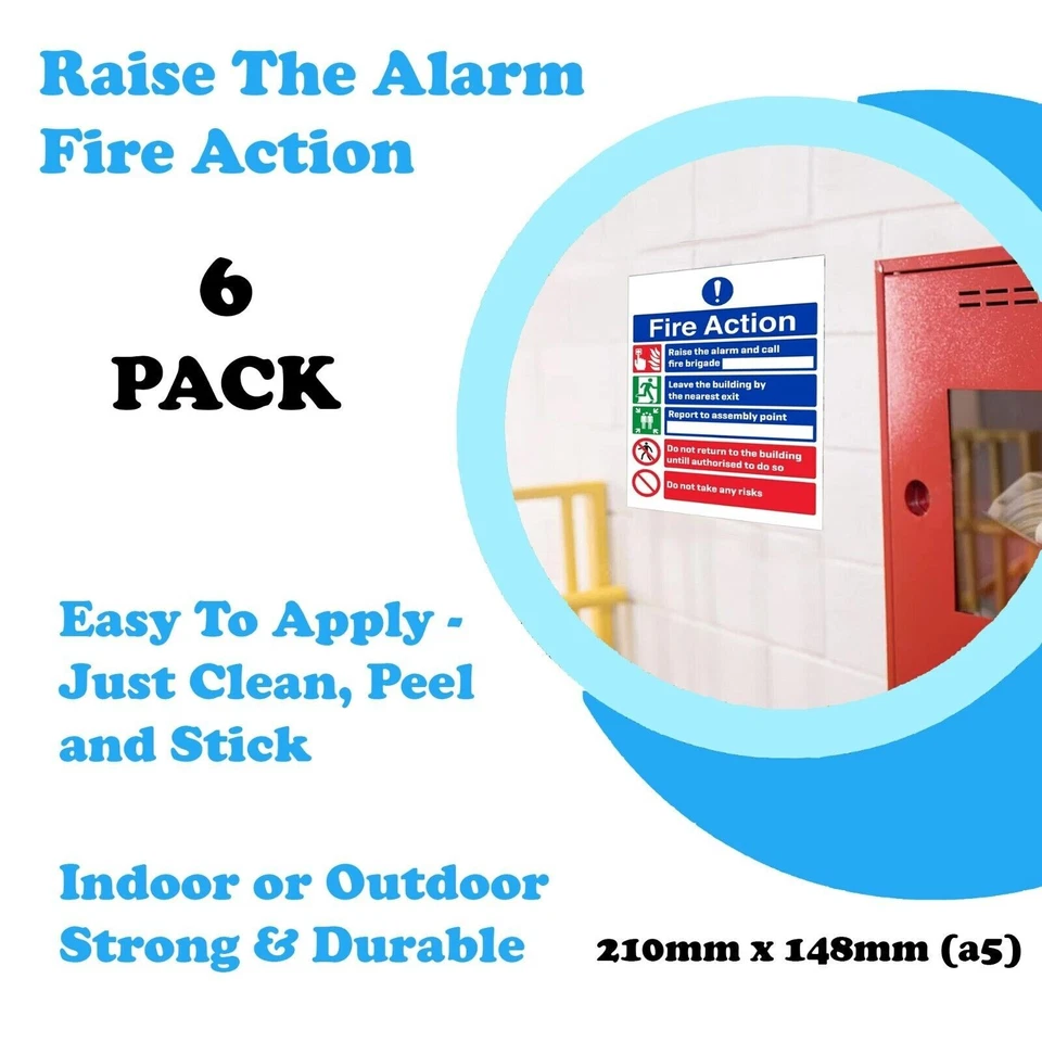 6-Pack - Raise The Alarm Fire Action Notice Sign Vinyl Stickers - 210mm X 148mm - Image 3 of 4