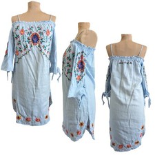 Chelsea & Theodore Small Linen Blue Floral Embroidered Shift Dress Cottage Boho