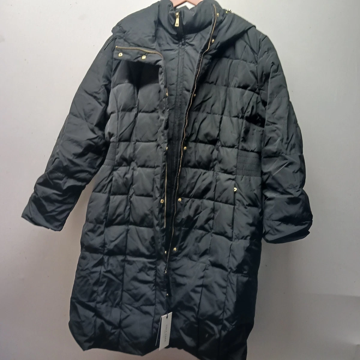 Cole Haan Womens Box Quilt Down Puffer Coat Large Black Hooded