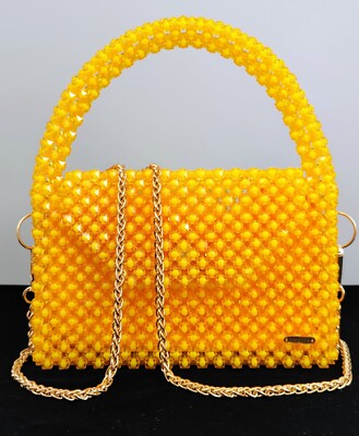 Handmade women bag of yellow color beads with chain and magnets