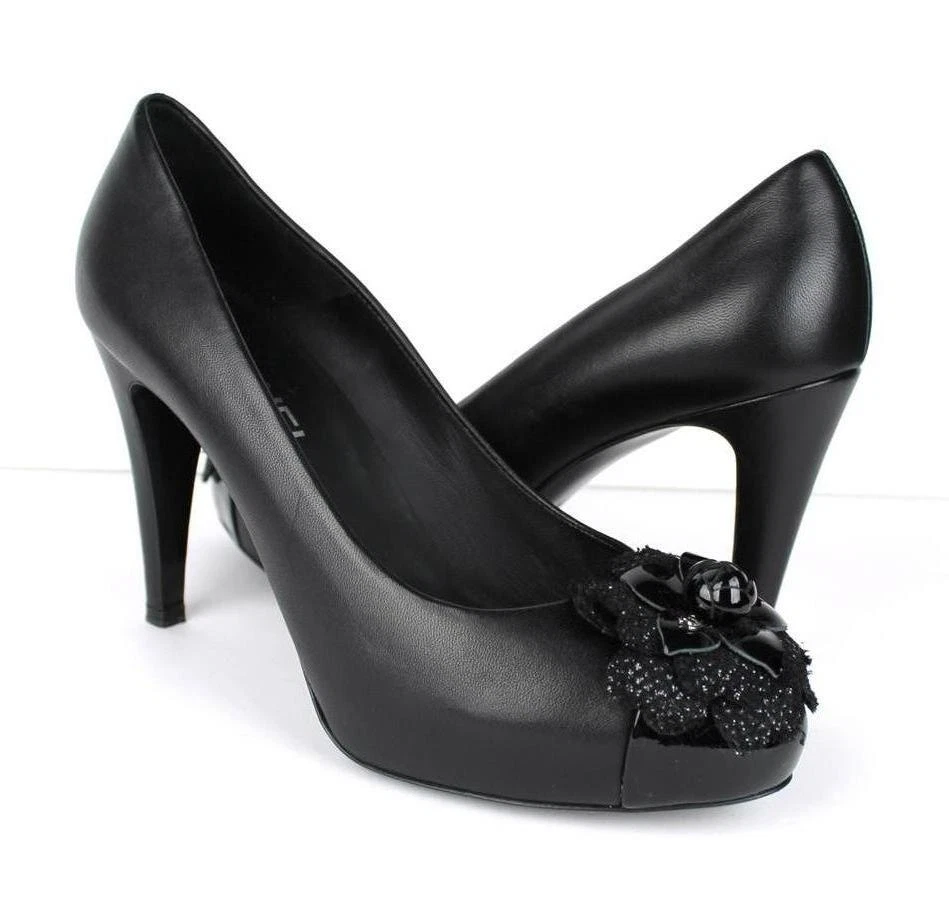 Chanel — Chanel Black Leather Patent Captoe Camelia Flower Pumps Size 39.5 $1025