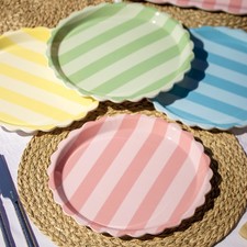 Set of 4 Melamine Scalloped Stripe Dinner Plates 25cm Shatterproof Picnic Dining