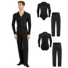 Mens Outfits Ballet Dancewear Jazz 2 Piece Dancing Front Zip Leotard V Neck