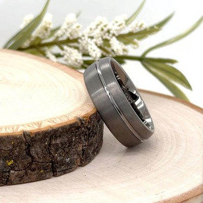 Christmas Gifts Women Ring Brushed Finish Groove Design Band 8mm Silver Tungsten