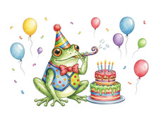 Birthday Card, Frog wearing Hat, Vest, Balloons, Horn, Cake, 7" x 5"