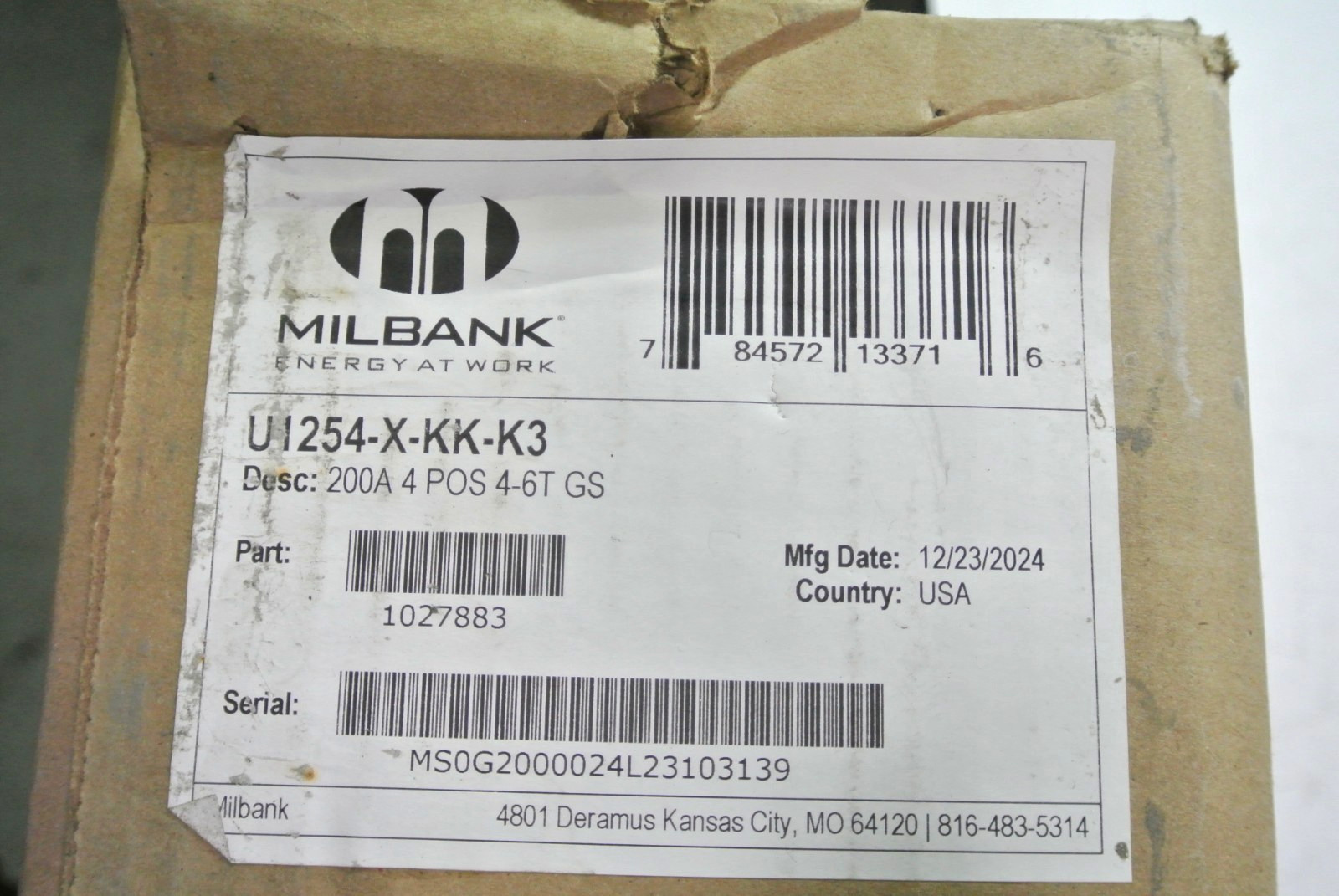 MILBANK U1254-X-KK-K3 4-POSITION METER SOCKET 200 AMP 1-PHASE