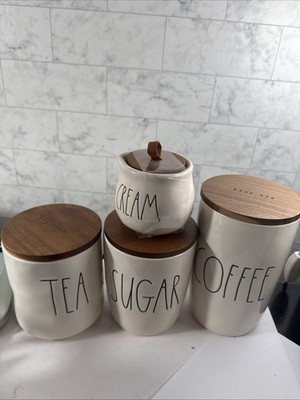 Rae Dunn  COFFEE SUGAR TEA &Cream Woodentops Jars Set Farmhouse LL Large Letters