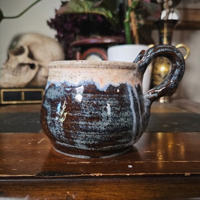 Handmade Studio Pottery Mug Diana Signed Blue Brown Drip Glaze Coffee Tea Cup