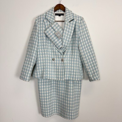 Boston Proper Dress Jacket Clutch Set Outfit Womens 14 Blue Houndstooth Tweed