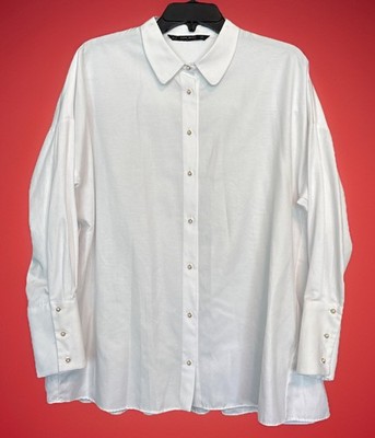 ZARA BASIC Long Sleeve Shirt Top Optic White Pearl Buttons Ruffled Back Hem NWOT