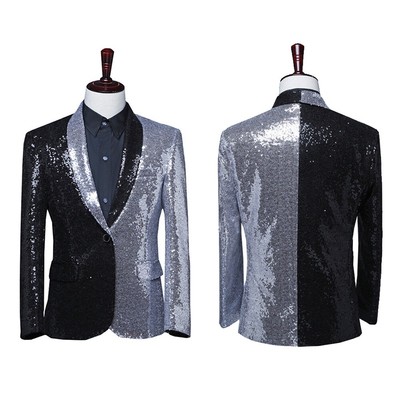 Herren halb schwarz silber Pailletten Schalkragen Revers Anzug Jacke Blazer Smoking Show