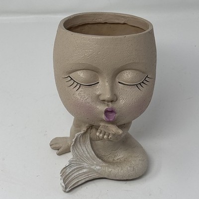Cute Mermaid Face Planter Pot Head Resin Succulent Flower Vase Girl Blowing Kiss