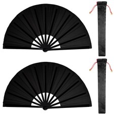 Nydotd 2 Packs Large Rave Fan Handheld Folding Fans Nylon Cloth Large, Black
