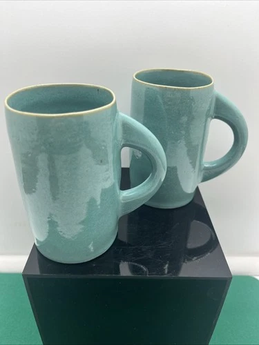 Vintage Art Pottery Glazed Mugs Turquoise Set Of 2 Signed By Artist 12oz
