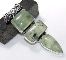 925 Silver Plated Moss Prehnite Ethnic Long Pendant Jewelry Size 2.6" MJ