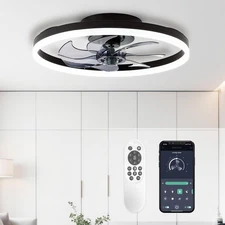 20'' Modern Low Profile Ceiling Fan with Light, Bedroom LED Ceiling Fan with ...