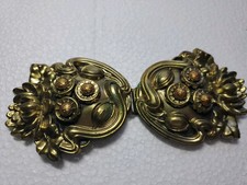 Antique Vntg Belt Buckle 1900-1920s Art Nouveau Repousse Brass 3D Mums 2 Pc