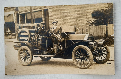 WOODVILLE ? OHIO REAL PHOTO POSTCARD 1910 DOWNTOWN JERSEY CALF COW IN FANCY CAR
