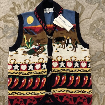 Vintage 90s Western Eagles Eye Sweater Vest Desert Scene Knit Peppers Horse Med