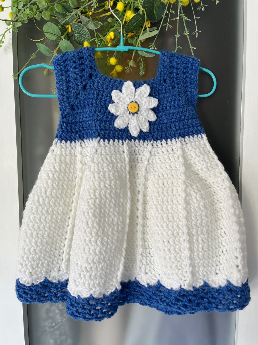 Handmade Sweet Daisy Knit Dress Baby Denim Blue & White Crochet by me in USA