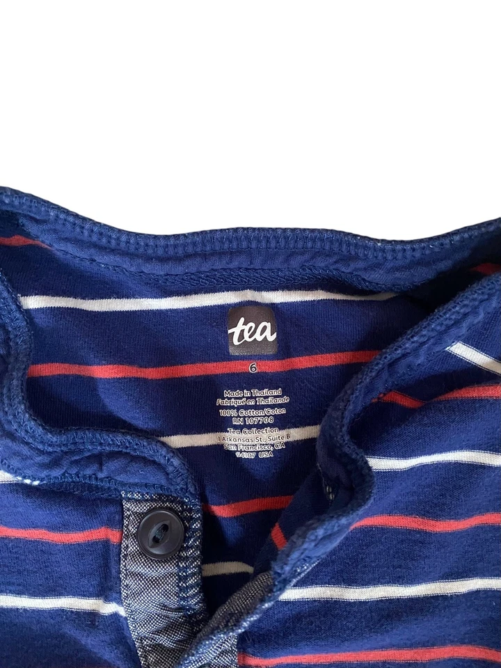 Tea Collection Size 6 Boy’s Striped Short Sleeve Henley Cotton Red White Blue - Image 3 of 4