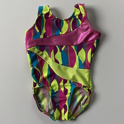 Motionwear Leotard Size Small Child SC 5 6 Pink Yellow Shiney Swirls Gymnastics