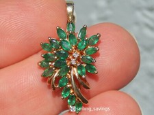14K SOLID YELLOW GOLD EMERALD  DIAMOND 1.3 INCH LARGE NECKLACE PENDANT