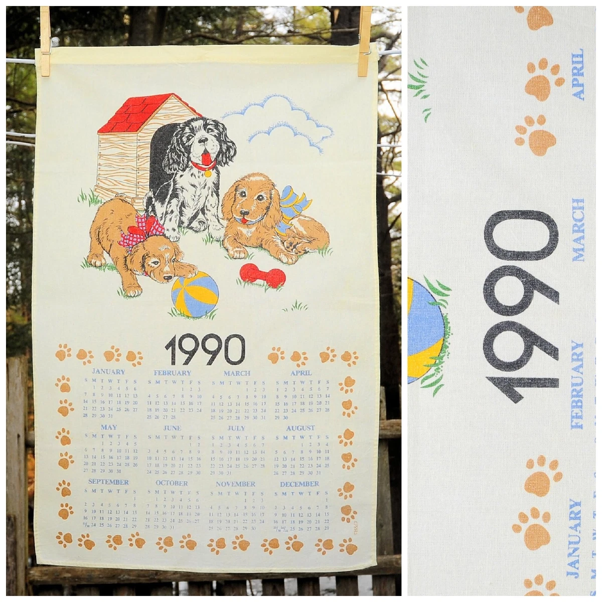 VTG 1990 Playing Puppies Dogs & Doghouse Calendar Towel Birthday New Puppy  Gift | eBay