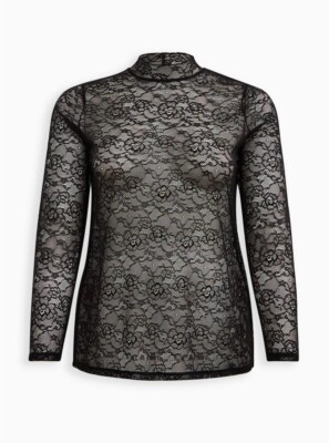 Torrid Sheer Lace Mock Neck Long Sleeve Top Black 4 4X 26 #G96001