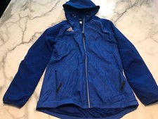 adidas Windbreaker Jacket Womens Medium Blue Nylon Therma Fit Hooded Full Zipper