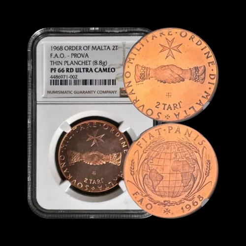 MALTA. 1968, 2 Tari - NGC PF66 - FAO Globe, Maltese Cross, Thin Planchet