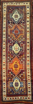 Vintage Wool Runner Rug 9'10'' x 3'8'' Tribal Geometric Handmade Carpet Hallway